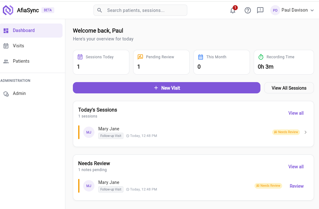 AfiaSync Dashboard — sessions overview, stats, and quick actions