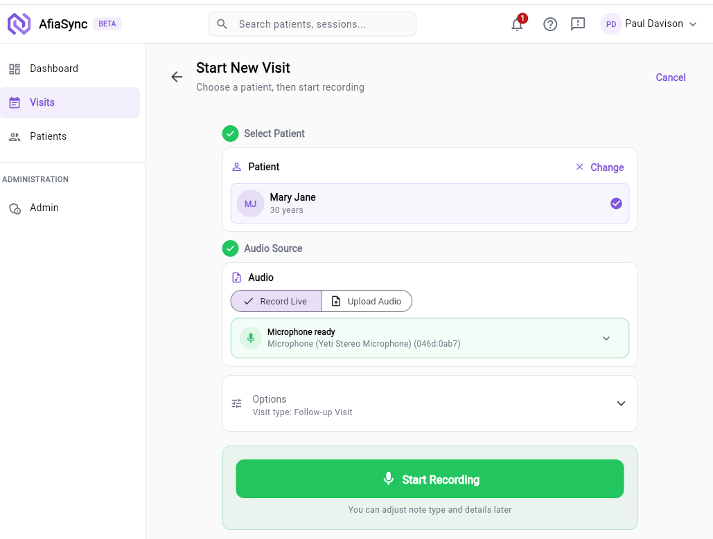 Start a new visit — select patient, choose audio source, begin recording