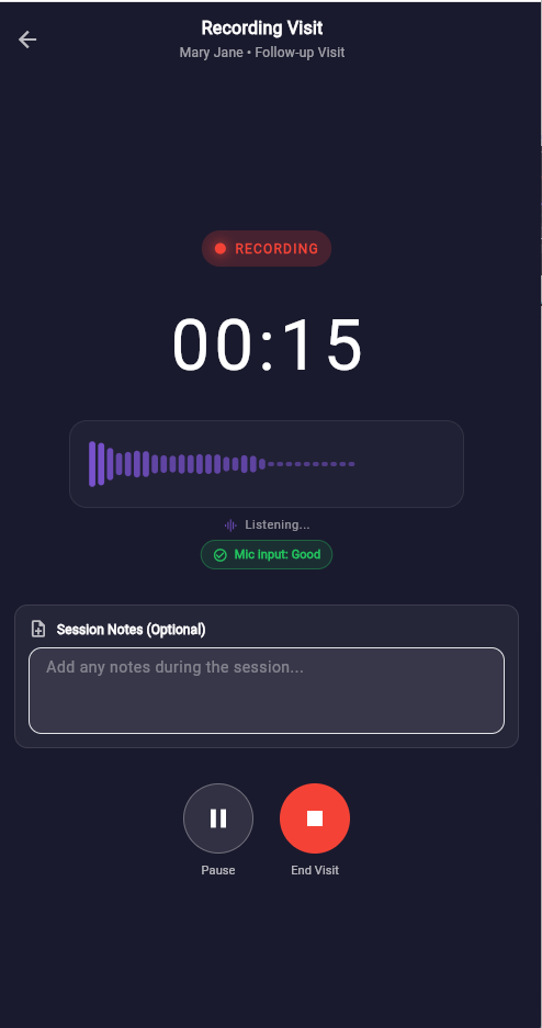 AfiaSync recording view on mobile — fully responsive