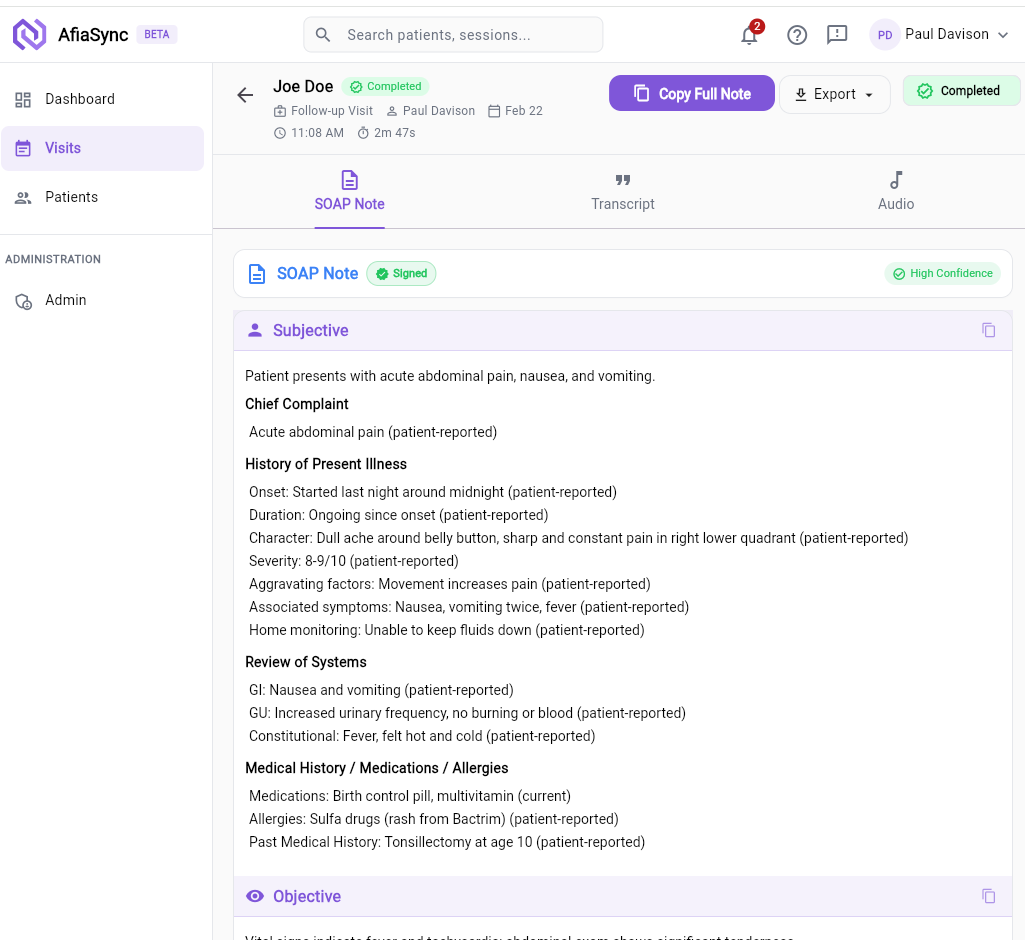 Generated SOAP note — structured subjective, objective, assessment and plan sections ready for review